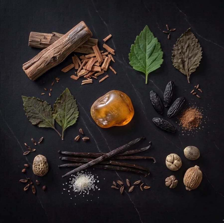 Cedarwood • Patchouli • Ambergris • Tonka • Vanilla • Musk — base note